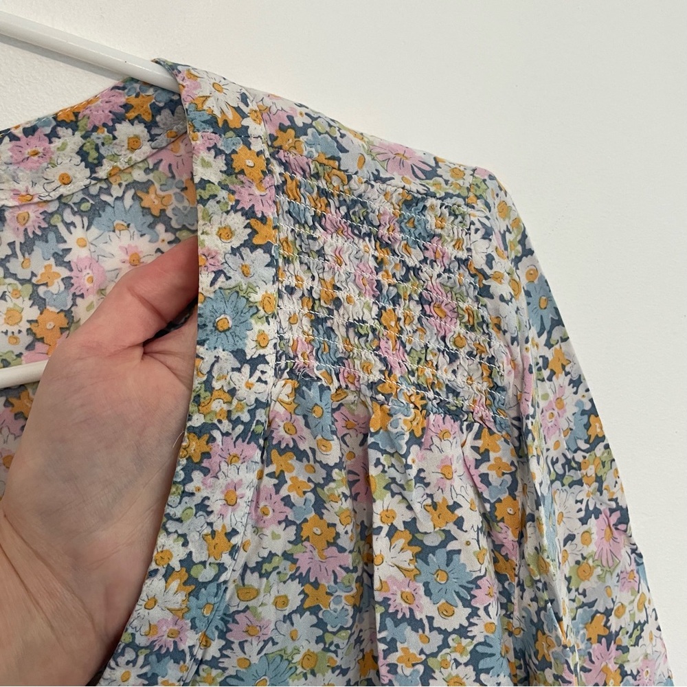 CYNTHIA ROWLEY Blue White Pink Multi Floral V-Neck 3/4 Sleeve Boho Summer Blouse - Picture 5 of 14